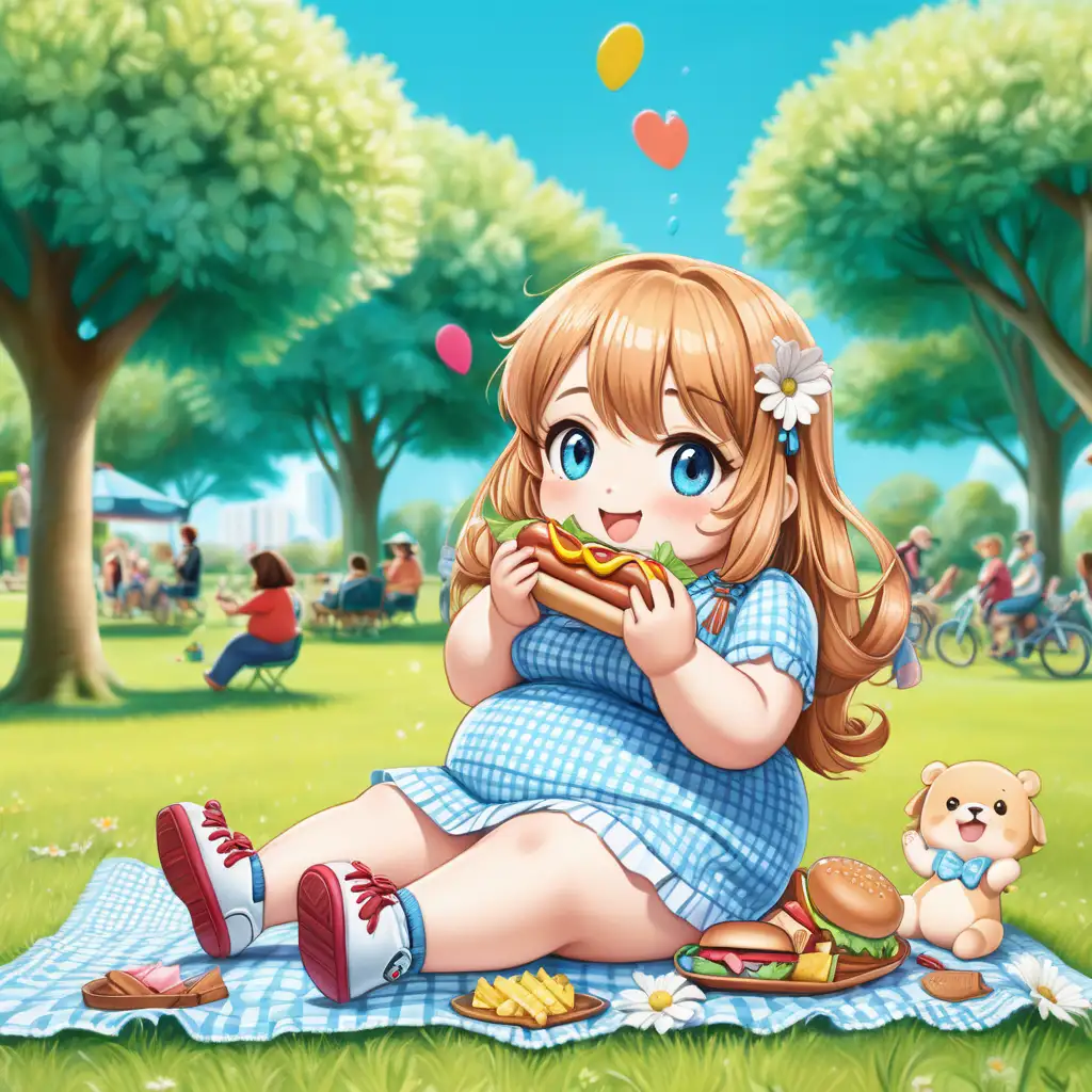 Style/Coloring: Chibi style with vibrant and playful colors.

Composition: The obese girl is seated on a picnic blanket spread out on the lush green grass of the park. She's positioned slightly off-center in the frame, with the picnic blanket extending around her. In the background, there are trees and a few other park-goers in the distance.

Subjects: The main subject is an obese girl with rosy cheeks and a wide smile. She's dressed in cute clothing, perhaps a brightly colored dress with patterns of flowers or polka dots. Her hair is adorned with playful ornaments like bows or ribbons, adding to her adorable appearance.

Setting: The scene takes place in a lively park on a sunny day. The grass is vibrant green, and there are scattered flowers adding pops of color here and there. The atmosphere is cheerful and relaxed, with families and friends enjoying various activities around the park.

Background: In the background, there are tall trees providing shade, with dappled sunlight filtering through the leaves. Other park-goers can be seen in the distance, engaged in activities like playing catch or having picnics of their own. A serene pond might be visible in the distance, reflecting the blue sky above.

Action: The girl is happily munching on a hotdog, holding it with both hands as she takes a big bite. Her cheeks are slightly puffed out from the mouthful, and there may be a few crumbs or drops of condiments around her mouth, adding to the charm of the scene.

Items/Costume: The girl is wearing a cute outfit, perhaps a brightly colored dress with frills or ruffles. She's also sporting adorable hair ornaments, like bows or ribbons, adding to her playful appearance. The hotdog she's eating is oversized, emphasizing the whimsical nature of the scene.

Accessories: Apart from her clothing and hair ornaments, the girl may have a few accessories like a charm bracelet or a necklace with a cute pendant. These accessories further enhance her adorable look in the Chibi style.