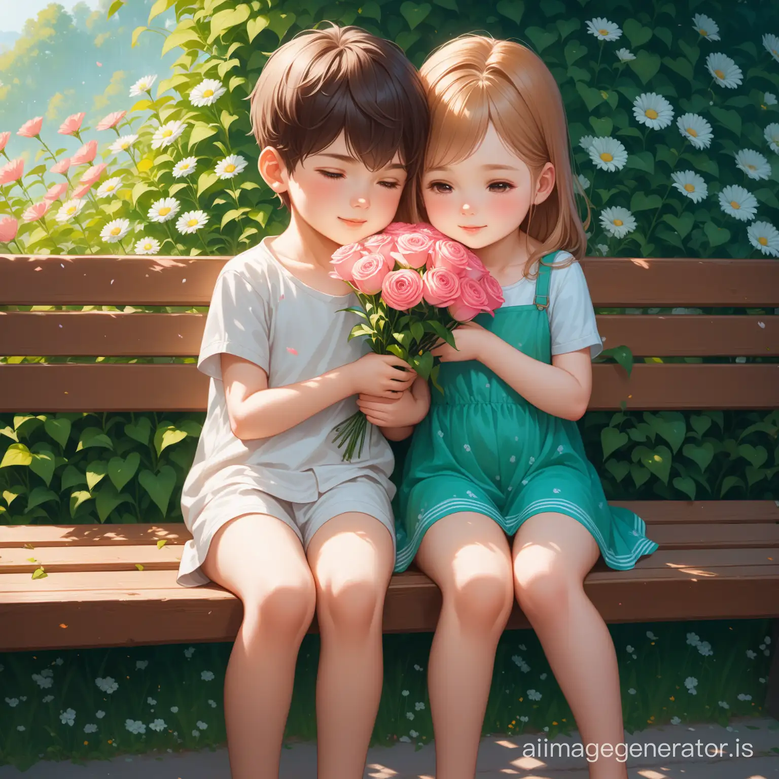photo of two children, boy and girl, sitting on a bench, trending cg society, holding flowers, 4k, cute hugging, very detailed, trending on artstation, award winning painting, anatomically correct