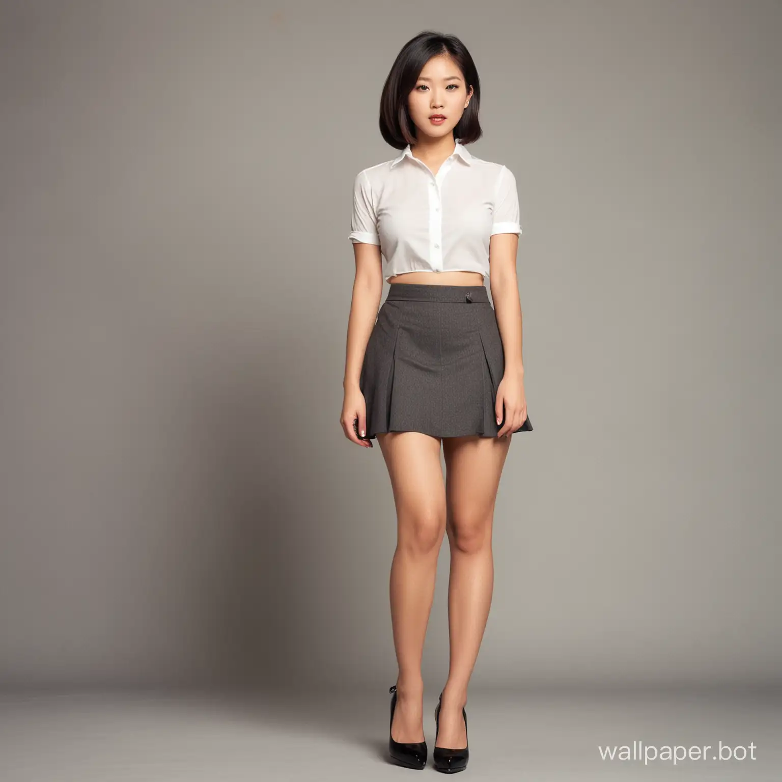 Vintage style. Asian female standing full body. Mini skirt. High heels.