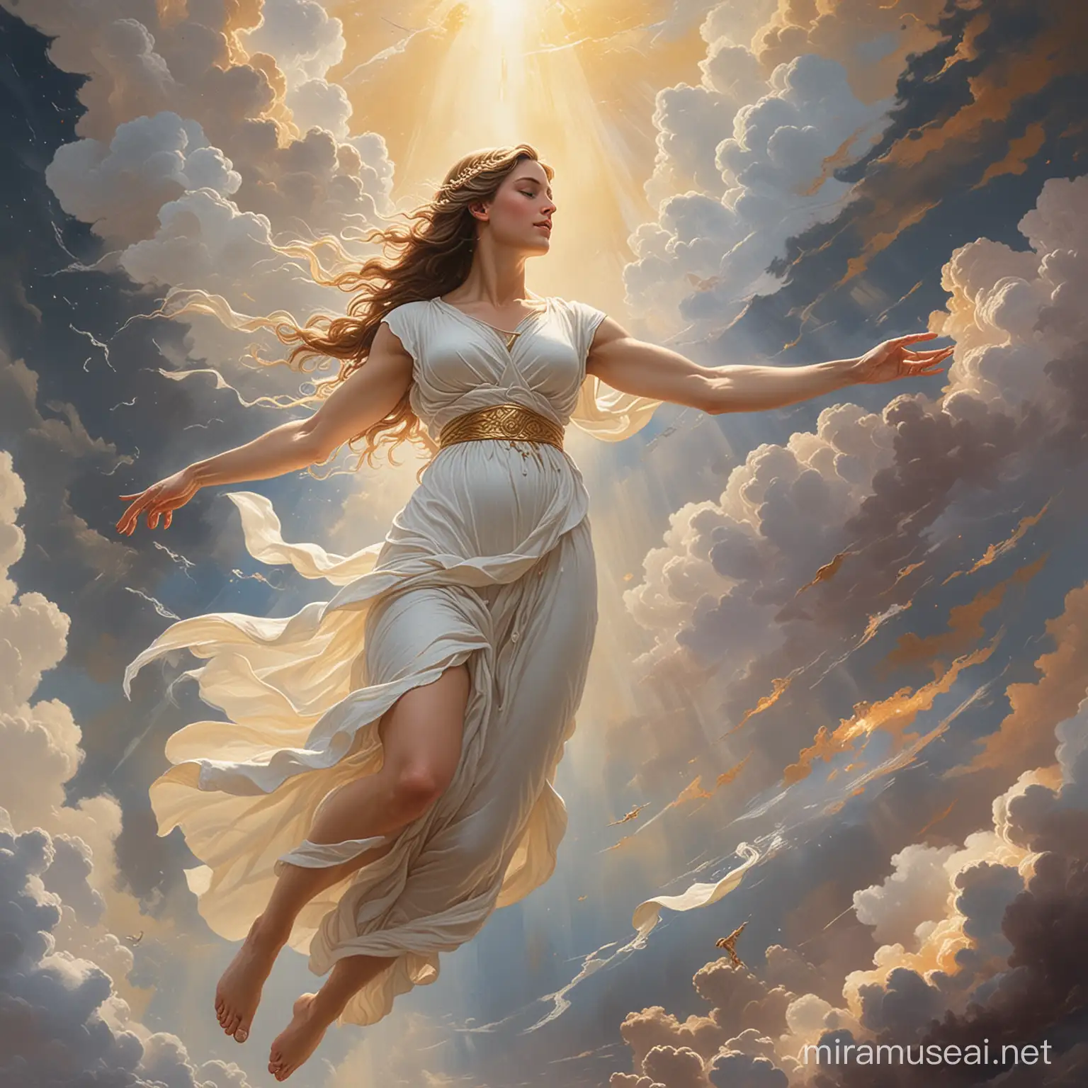 Paint a picture, an oil painting, a goddess descending from the sky and grabbing the arm of a woman in white, an oil painting of the West, like the creation of Adam