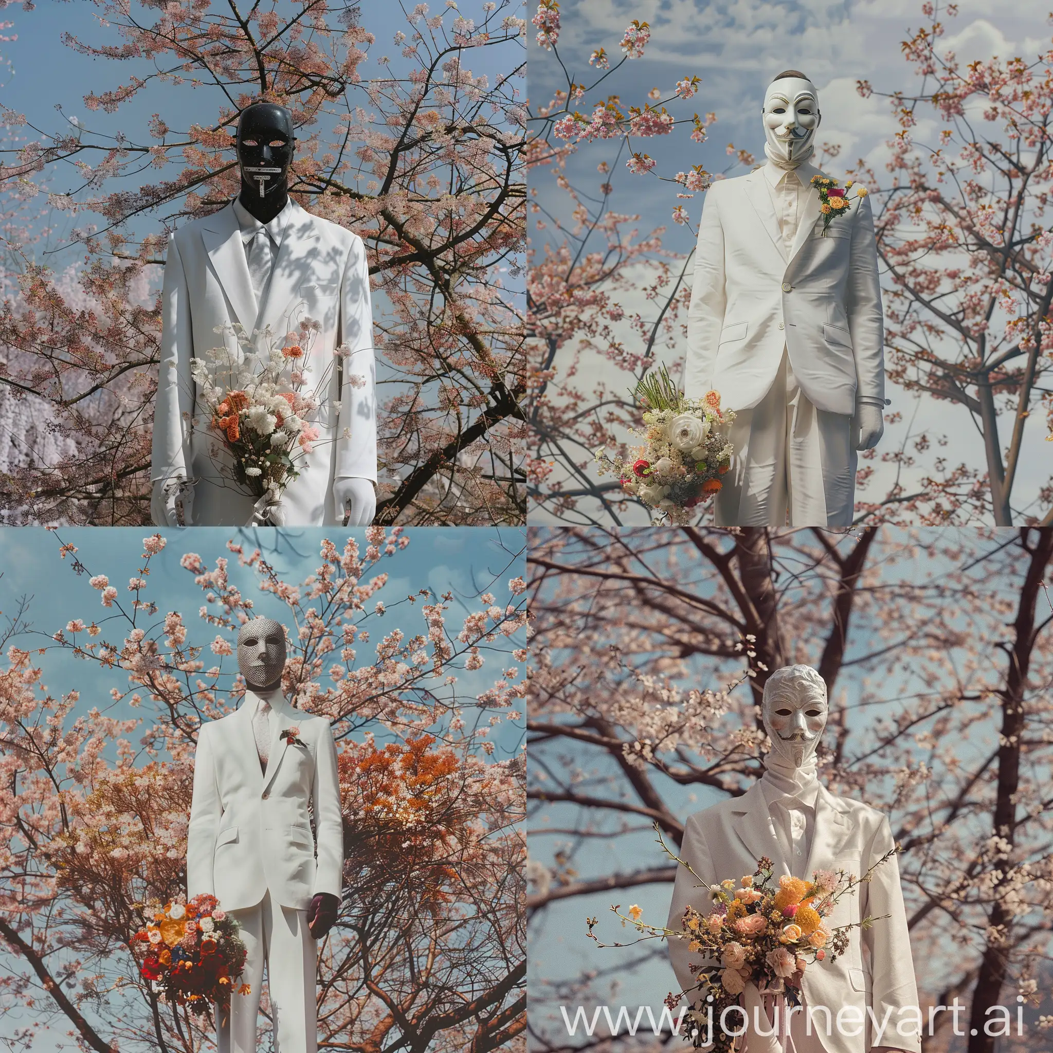 
A man in an anonymous mask stands in a white suit with a bouquet of flowers on a background of cherry blossoms