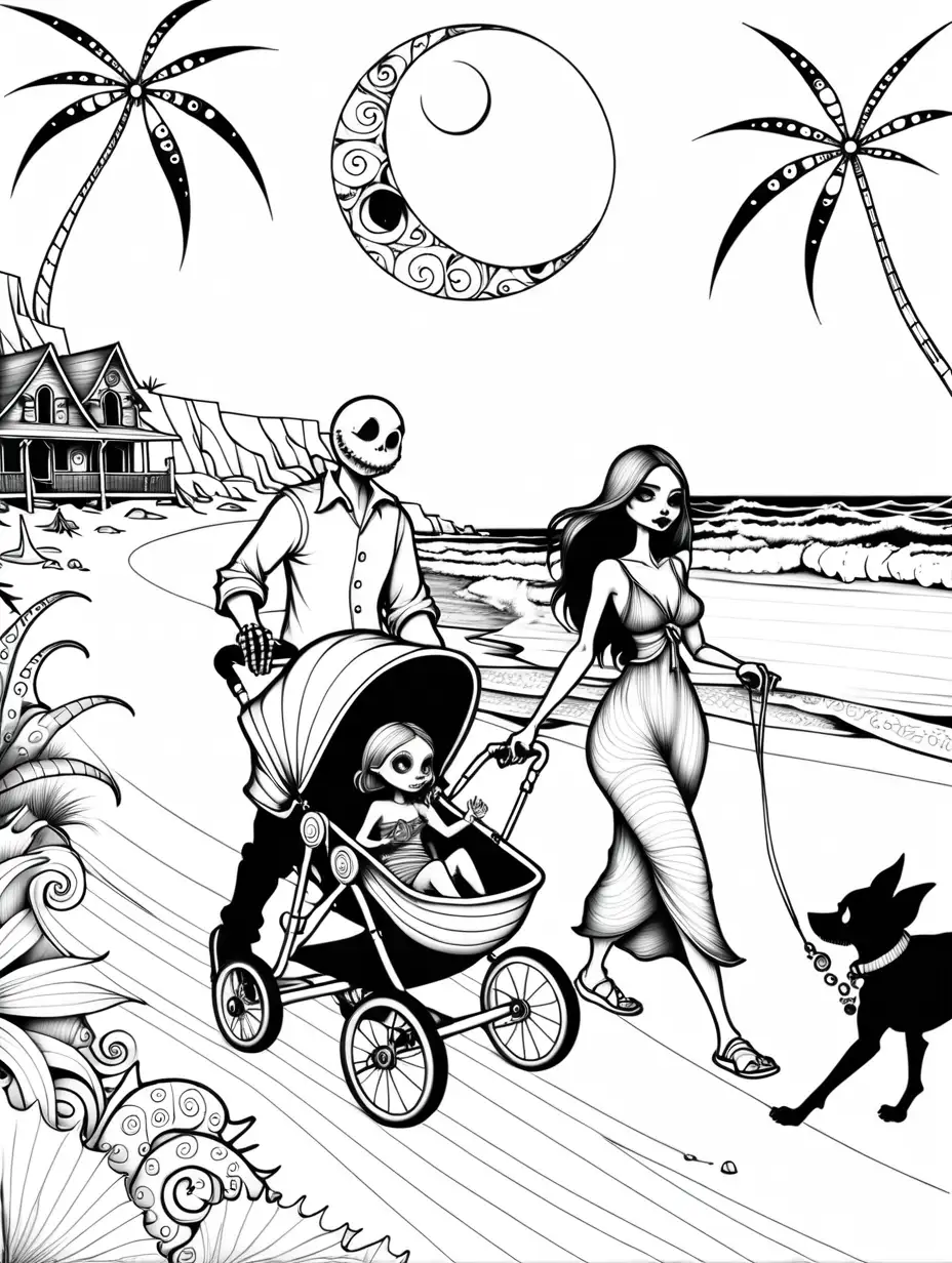 adult coloring page, Timothy Burton nightmare before christmas style, mandala style, thin lines, man and woman pushing a stroller with a baby girl inside and thier dog walking with them along the beach