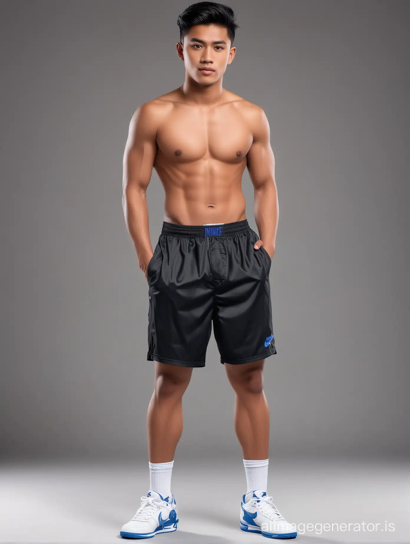 A young Indonesian handsome man, aged 21 years old, black short with quiff hair style. Shirtless, wearing white Renoma briefs, blue Nike shoes. Posing for attire promo stand straight, and looking at the camera, Background charcoal black.