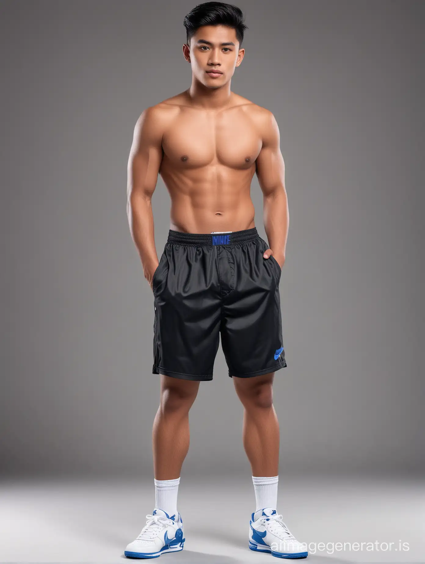 A young indonesian handsome man, aged 21 years old, black short with quilff hair style. Shirtless, wearing white renoma brief,  blue nike shoe. Posing for attire promo stand staright , and looking at the camera,  Background charcoal black.