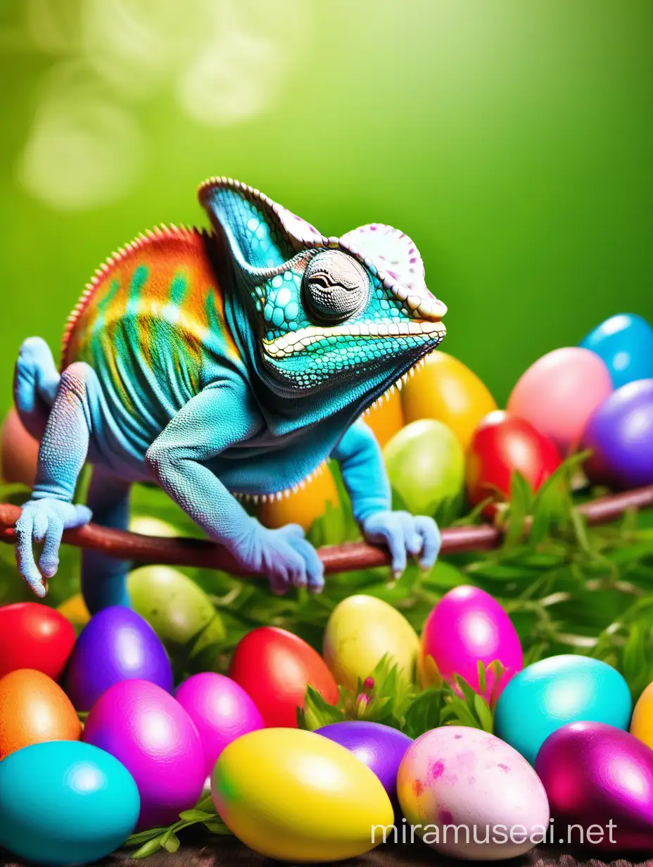 smiling colorful chameleon with colorful Easter eggs, spring flowers in the whole background, chameleon in the color of Easter eggs
