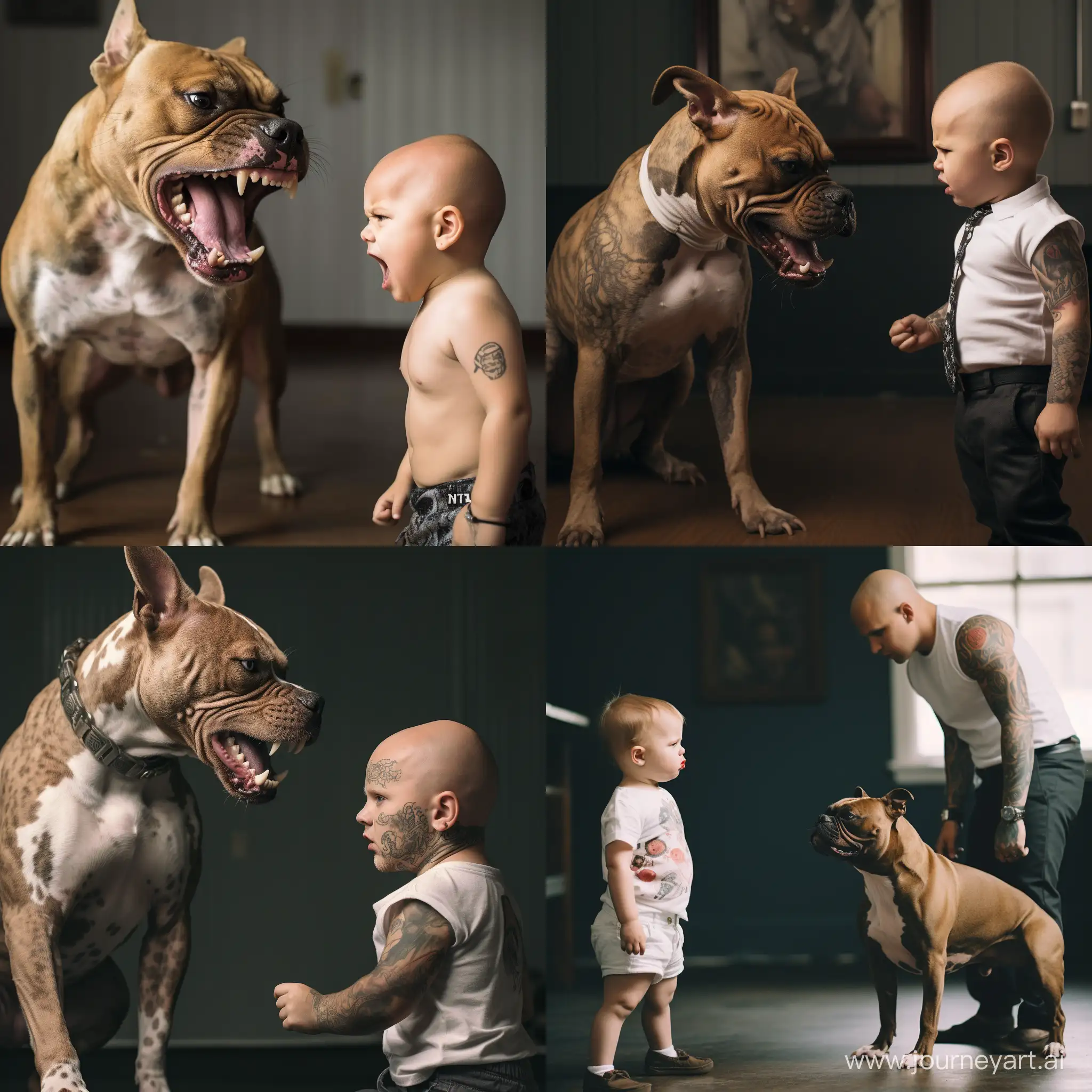 Angry pitbull and angry ginger toddler staring at each other in pure rage