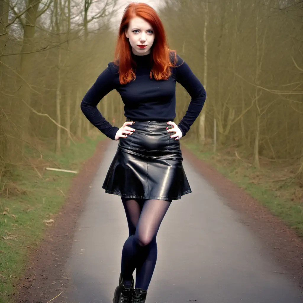 Young redhead wearing, leather skirt, tights and doc marten boots