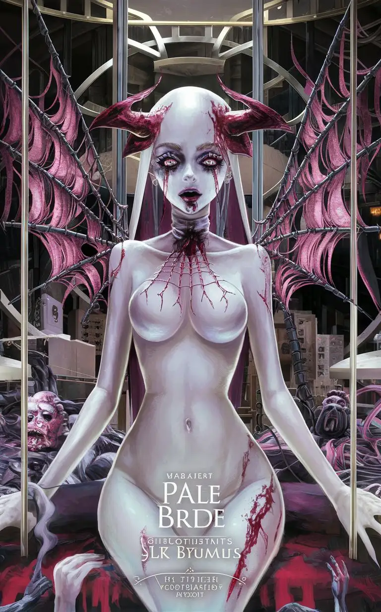 border add bold text""Pale Bride"" complex new blood collectables card include name "Pale Bride" manga card include stats"Strength: 6/10""Speed: 7/10""Agility: 8/10""Intelligence: 8/10""Fear Factor: 7/10" premium 14PT card stock authenticated breathtaking 8k 16k  visuals in a complex background a full body evil vanquished Pale Bride, demonic web wings and enhancements, extremely detailed eyes and perfect face, full body portrait, bloody face, open flesh wounds, scary creepy, grisly ominous, painted with vibrant oils, beaten up art by Maciej Kuciara, by hajime sorayama, cgsociety, deconstructivism, behance hd, dystopian art, illustration, Gric, perfectly centred, neo-expressionist oil paint, centred, posing portrait by Maciej Kuciara, render style (3DMM_V12) 3DMM, slick bold design, clean glossy lines, digital illustration, gloss finish, aesthetic, impeccable detail, awesome visual impact, endowed with gloss finish, bathed in volumetric lighting, refined by New Blood Collectables, infused with global illumination and precise line art, softened through macros, executed with V-Ray, epitome of visionary art, nuanced by elegant perfectionism and pop art consumerism infused, Add_Details_XL-fp16 algorithm 4d octane 4d render --chaos 90 --testpfx