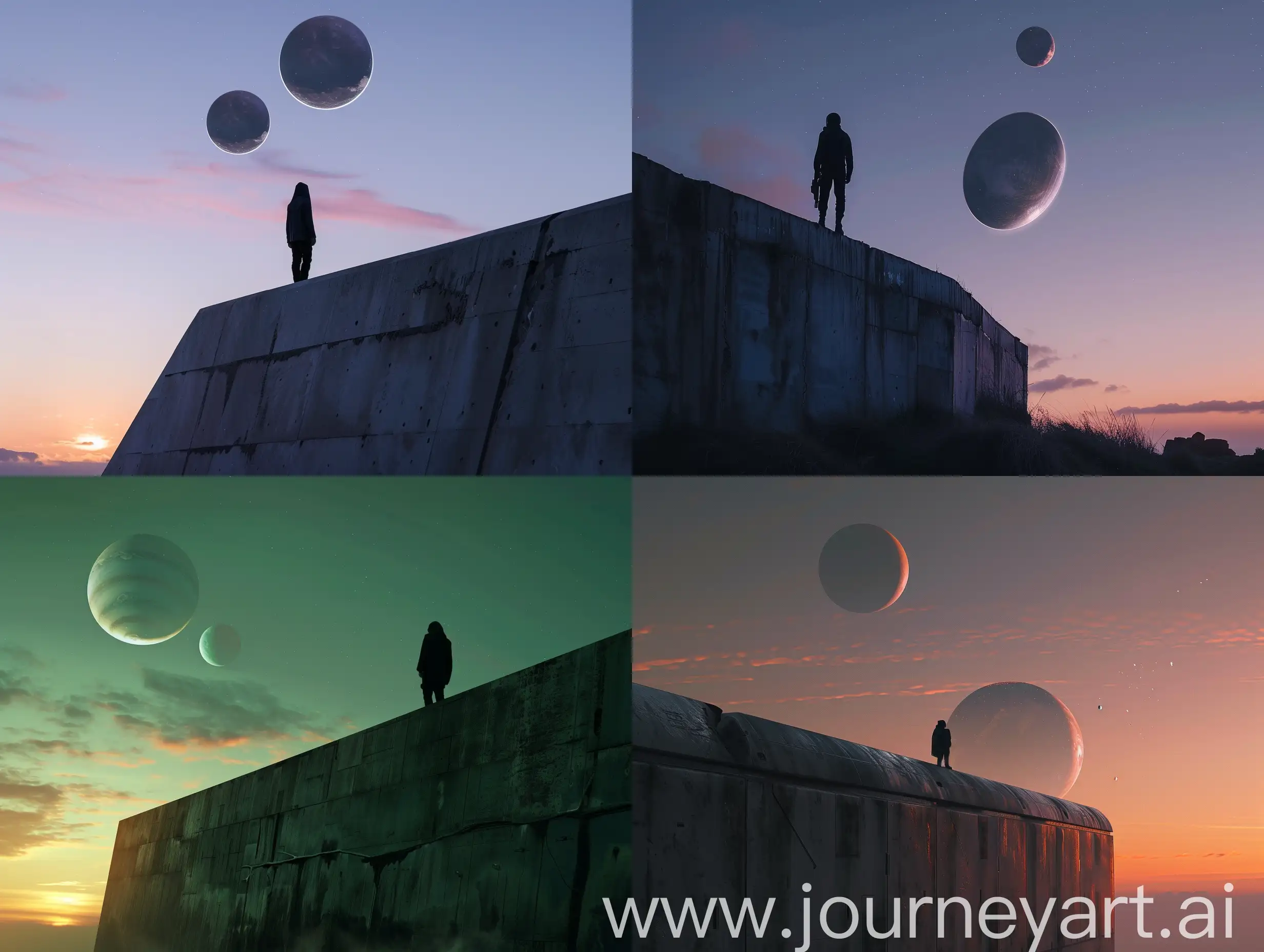 cinematic, beautiful style, dusk evening, shot from bottom to top, sci fi wall,  person in dark stands on it, in the background sky with two planets, utopia