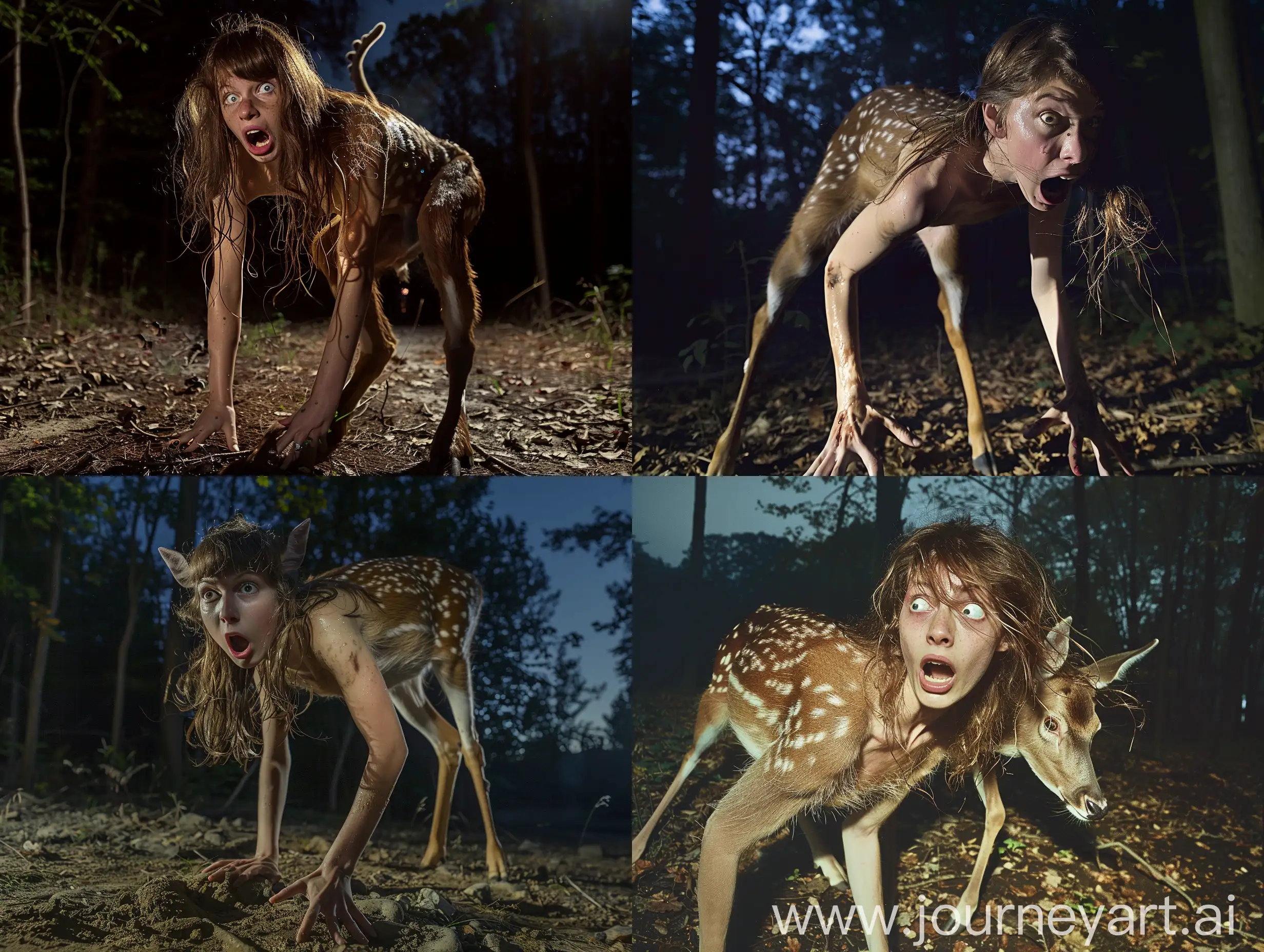 A young woman with loose brown hair, who has been transformed into a deer. The photo is taken while the transformation is almost completed. She is standing on all fours in a forest at night. She has a desperate expression, screaming for help. Realistic photograph, full body picture.