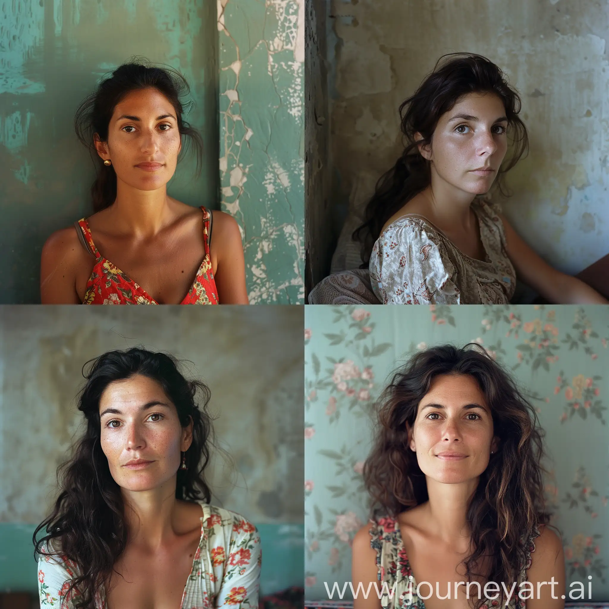 Intimate photographic portrait of an attractive 40 years old Spanish woman, in front of a flat wall, playful hair, peaceful and joyful expression, deep and captivating eyes, looking at camera, eye contact, summer gentle light, cinematic style, shot with Fujicolor Pro 400H::3 by Balthus ::2    --style raw

