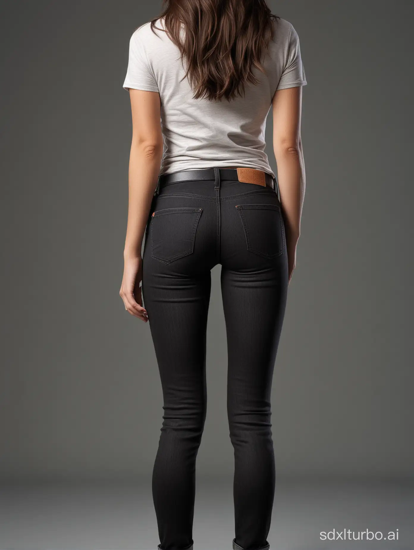 from behind, 
attractive innocent looking Olivia , american college woman,  (Photorealistic Still Life Composition:1.2) Compose a still life photograph that exudes photorealism,, levi's black skinny jeans, , casual photo, casual photo