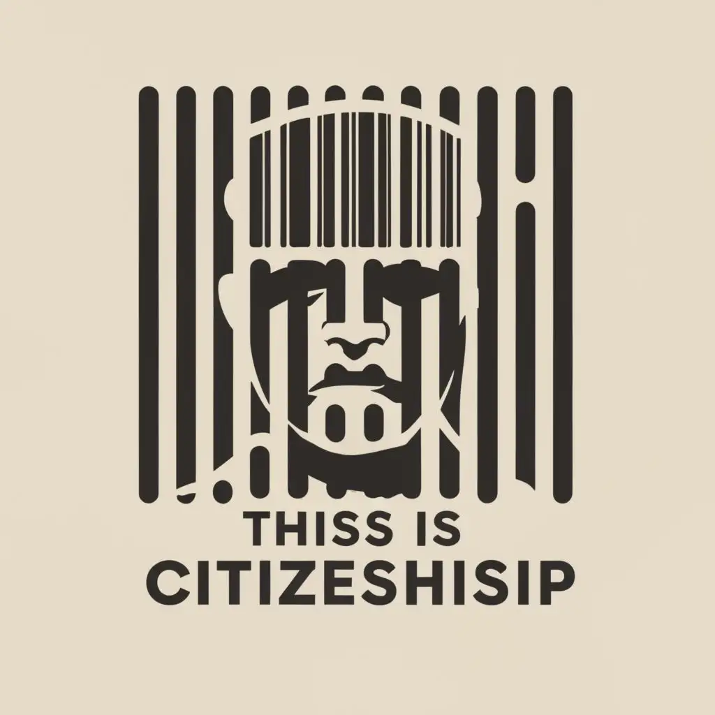 logo, man behind prison bars with a barcode on his forhead, with the text "this is citizenship", typography