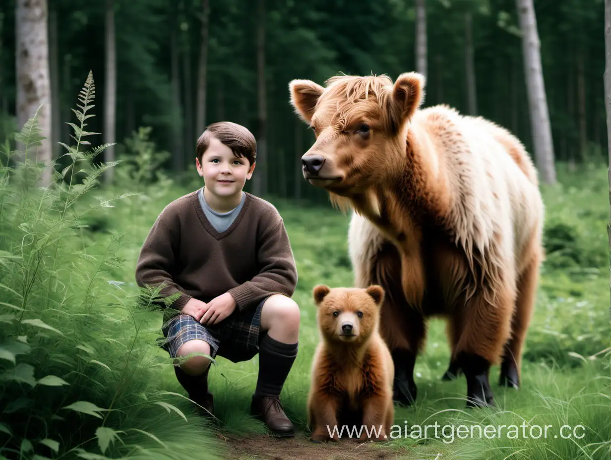 Телёнок породы Хайленд и бурый медведь стоят рядом ,между ними сидит ребёнок,мальчик четырёх лет ,вокруг много зелени.