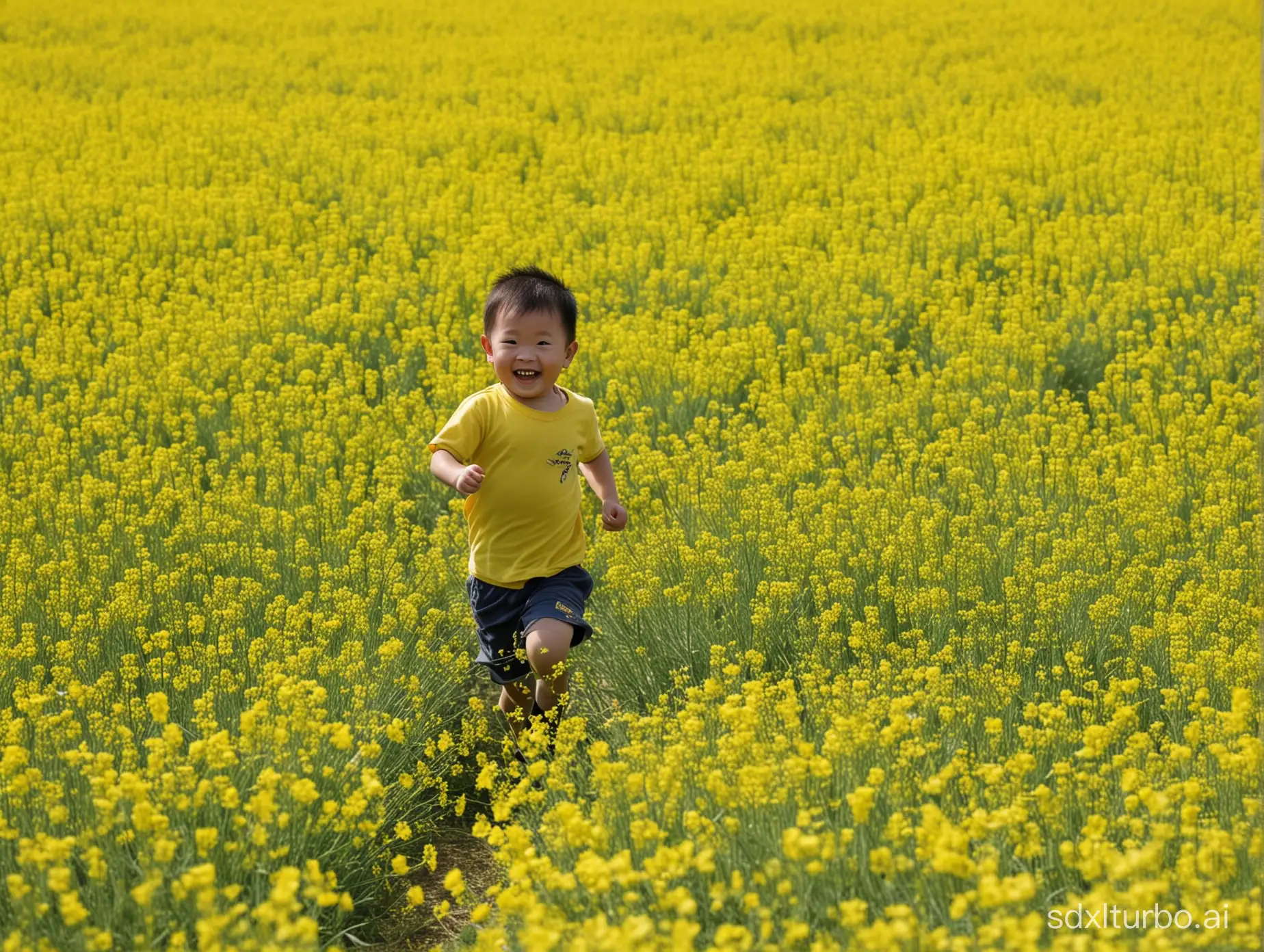 一个中国的三岁小男孩在油菜田里快乐的奔跑