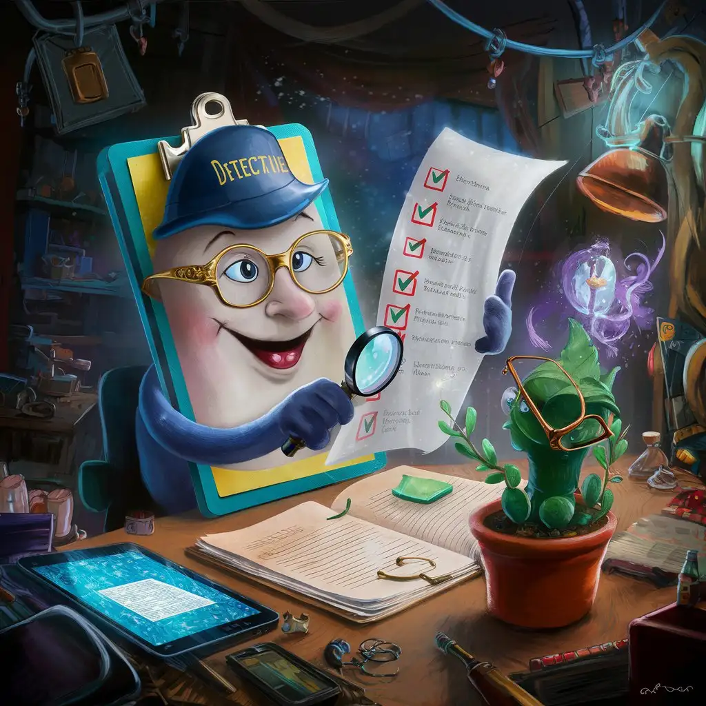 Create a whimsical image of a smiling clipboard wearing detective glasses, holding a magnifying glass over a checklist with some items checked off. The background is a cluttered desk with papers, a digital tablet displaying a magical glowing document, and a potted plant that’s intently reading over the checklist.