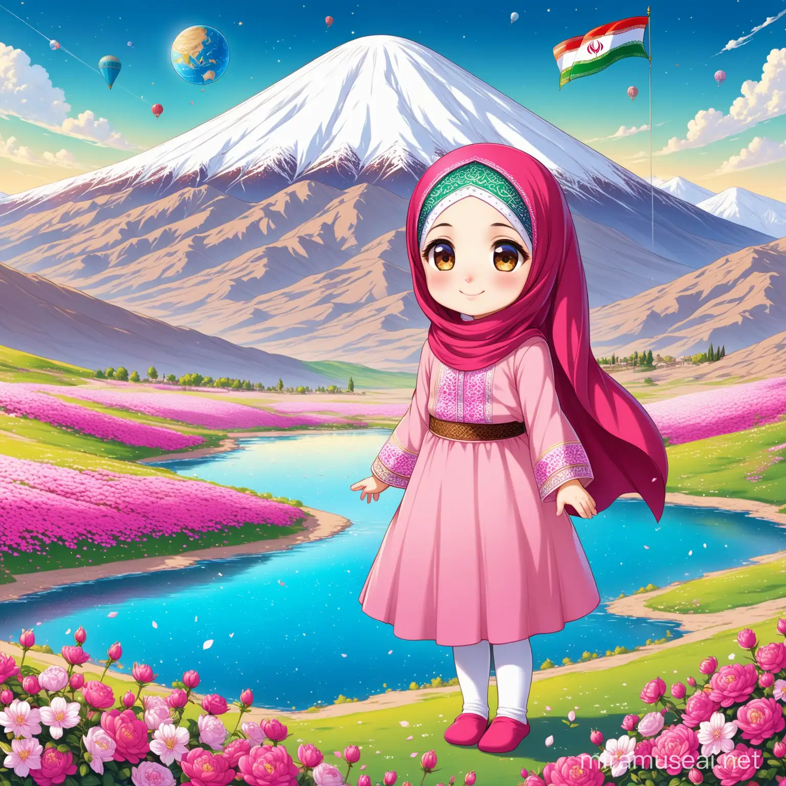 Character Persian little girl(full height, Muslim, with emphasis no hair out of veil(Hijab), small eyes, bigger nose, white skin, cute, smiling, wearing socks, clothes full of Persian designs).

Text containing Shia religious Slogan.

Atmosphere Damavand mountain, nice flag of Iran proudly raised, firing satellite to sky and full of many pink flowers, lake, sparing.