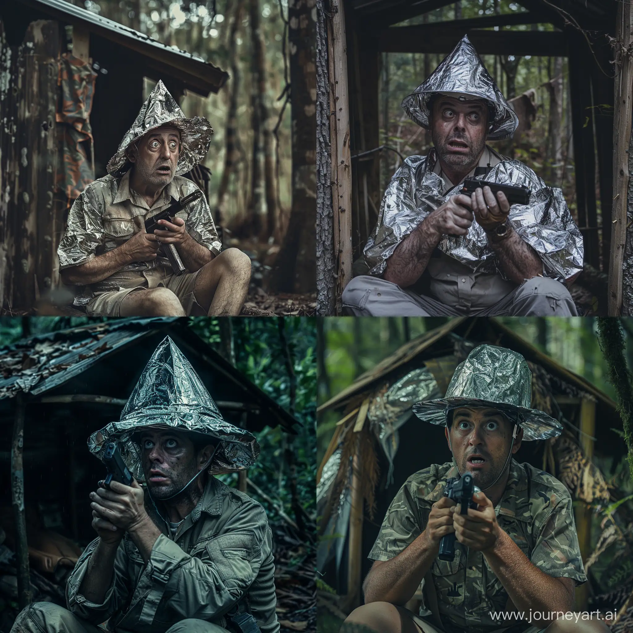 a man wearing a foil hat, with a scared look, sitting with a gun tightly clutching a gun in his hands in a small hut in the forest