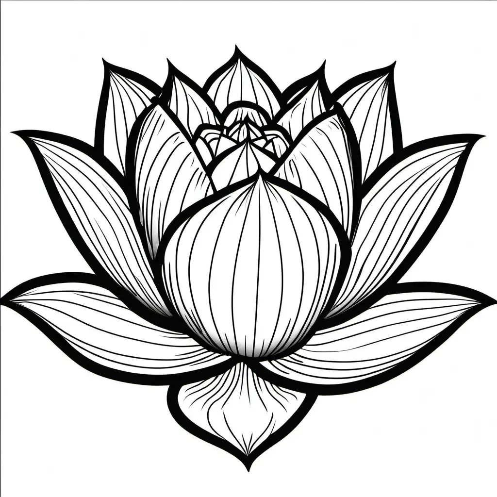 black and white, ((view looking down on)) isolated on white background, lotus Flower bloom, Coloring Page, black and white, line art, white background, Simplicity, Ample White Space. The background of the coloring page is plain white to make it easy for young children to color within the lines. The outlines of all the subjects are easy to distinguish, making it simple for kids to color without too much difficulty