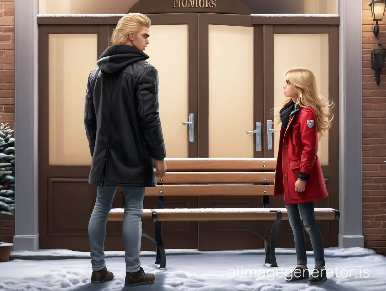 A young blonde girl stands by the closed door of the store. She is dressed in a red jacket. Her hair is loose. She looks at the door with disappointment and anger.

Next to her on the bench sits a handsome guy in a black coat. The guy is blond. He has a muscular body. He looks at the girl standing by the door.