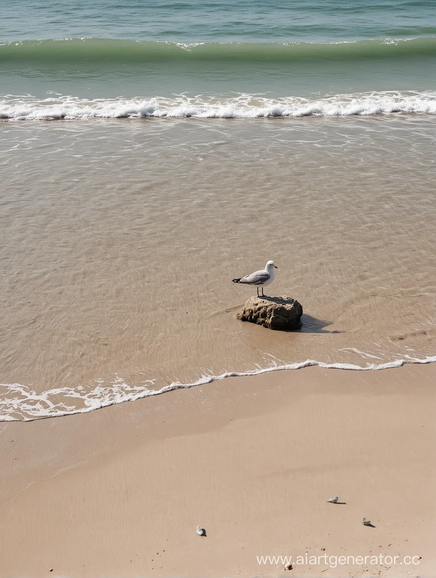 Sunset-Serenity-at-Coastal-Beach-with-Seagull-on-Rock