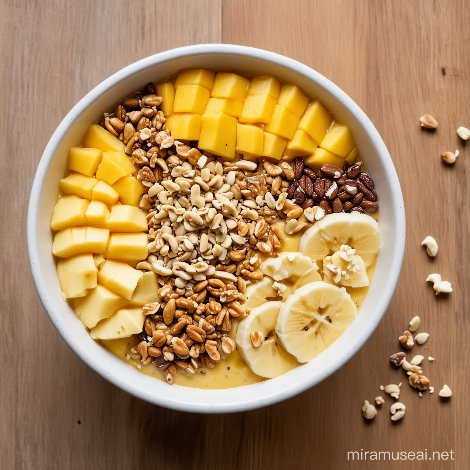 smoothie bowl with diced pineapple, mango and banana slices and crushed nuts on top