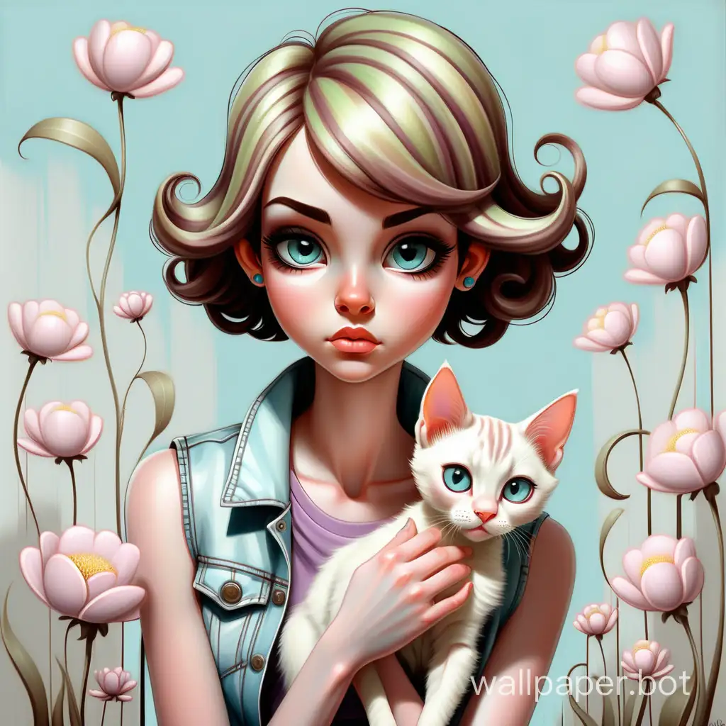 The style of Jeremiah Ketner. Spring pop art painting of a 15-year-old girl, clean skin, natural makeup, beautiful reflective eyes with neat eyelashes, natural pose. Standing or sitting. Stylish unusual haircut. Clothing: vest, shirt, jeans. Holding a kitten. High detail, white background, natural light. Pastel tones. Tenderness. 5 fingers