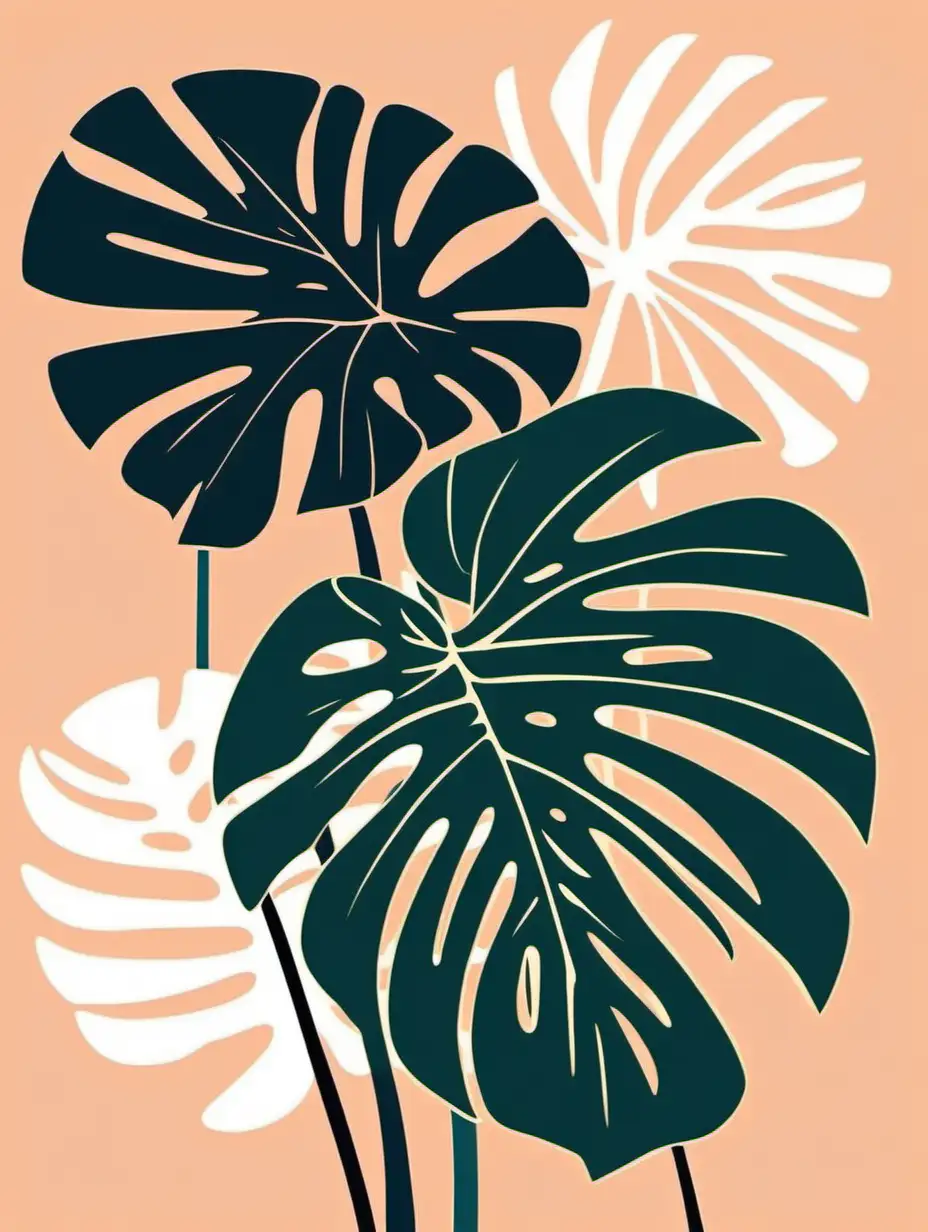 Abstract Monstera Leaves Composition Matisse Style Illustration in Japandi Color Palette