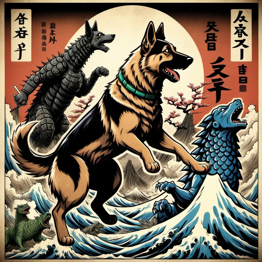A German Shepherd versus Godzilla in the style of ancient Japanese artwork. Include some Japanese writing