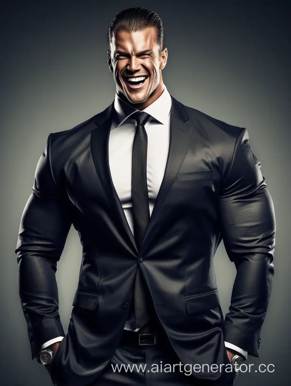 very muscular guy in busines suit, slick back hair, wide scary smile with teeth