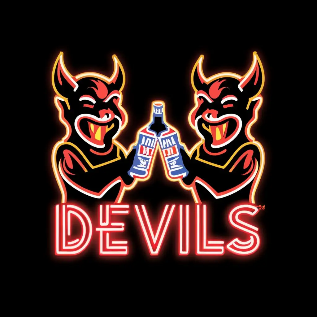 a logo design,with the text "Devils", main symbol:Neon devils with a bottle of Jack Daniels,complex,be used in Nonprofit industry,clear background