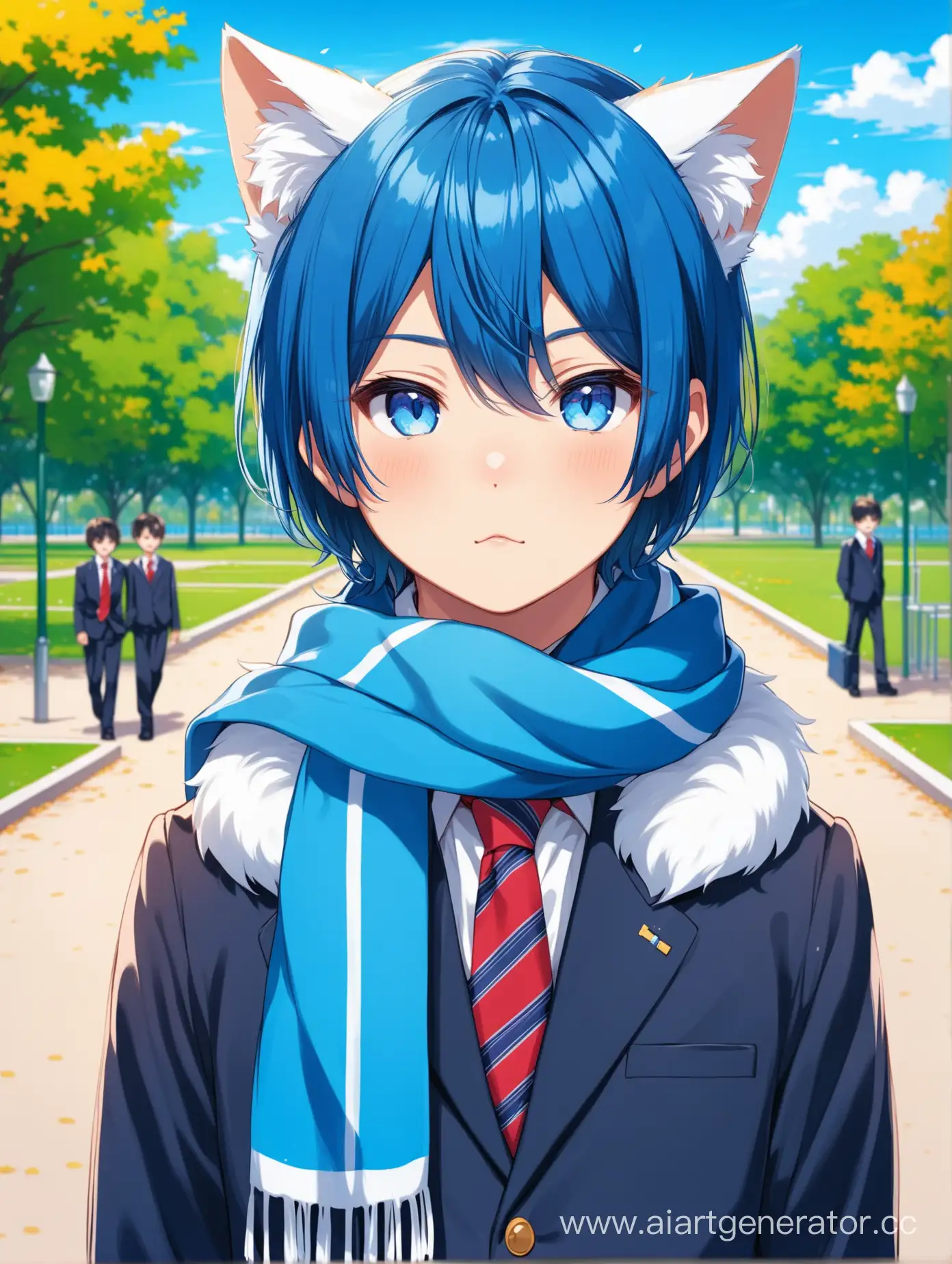 Stylish-Teenage-Cat-with-White-Fur-and-Blue-Bob-Hair-in-Park-Setting