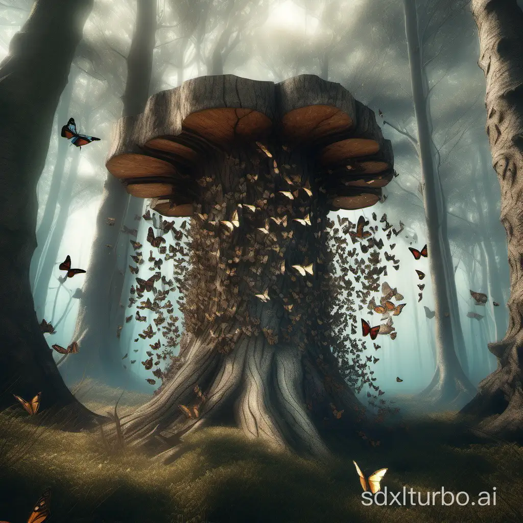 Surrealism, tree trunk intricately detailed with butterflies emerging from it, set in a seemingly ordinary forest, atmosphere filled with wonder and a hint of mystery, digital art, render executed in Octane with focus on ultra-realistic details.