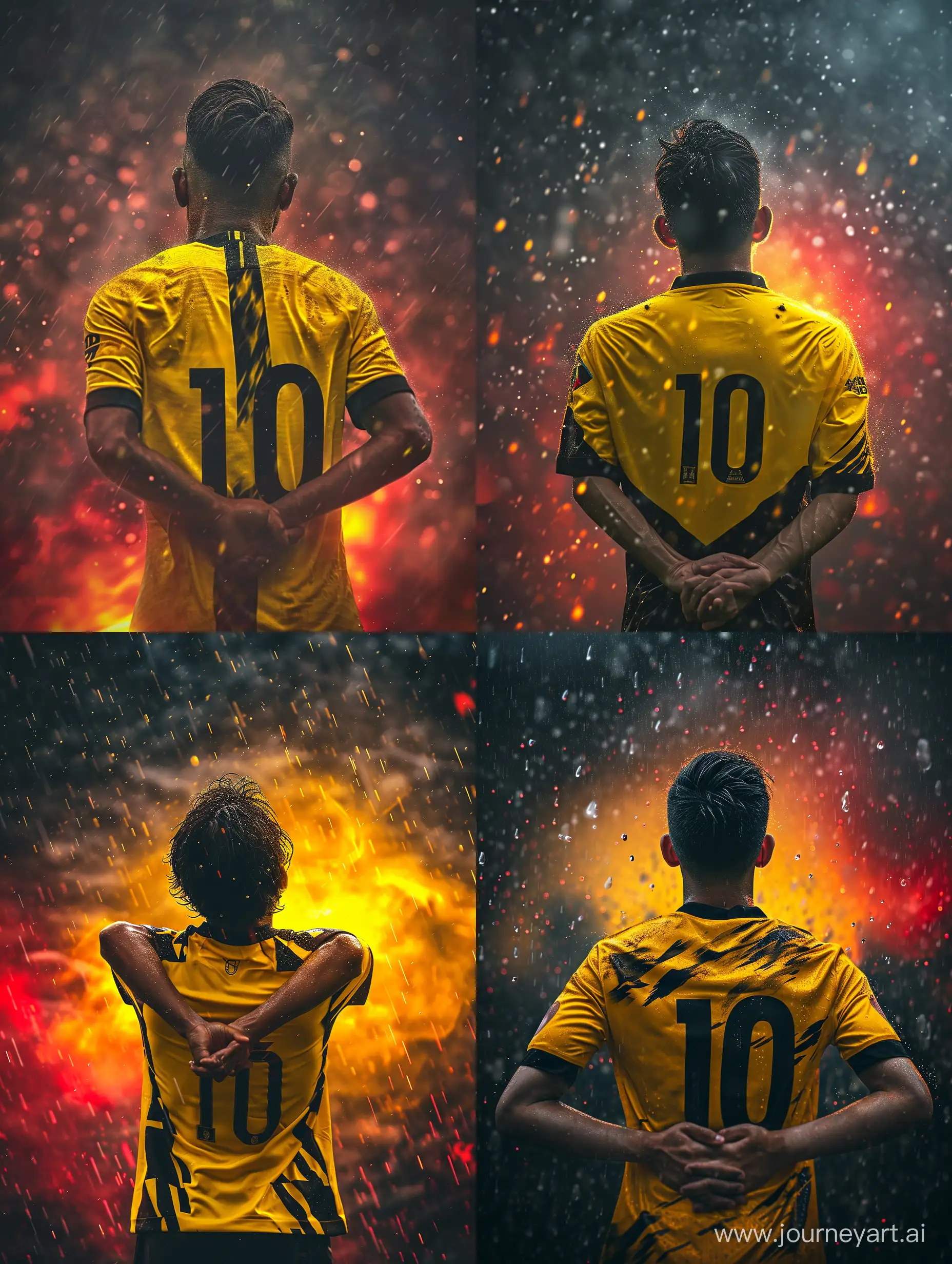 ultra realistic a malaysian soccer player from behind. wearing a yellow and black jersey. head raised while both hands clasped waist. jersey number 10. little raindrops. war background. there is refraction of red and yellow light. canon eos-id x mark iii dslr --v 6.0