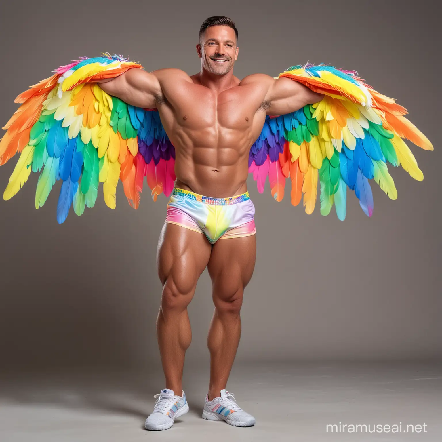 Full Body to feet Happy Topless 30s Ultra Chunky IFBB Bodybuilder Daddy wearing Multi-Highlighter Bright Rainbow Coloured with white See Through Eagle Wings Shoulder Jacket Short shorts Flexing his Big Strong Arm