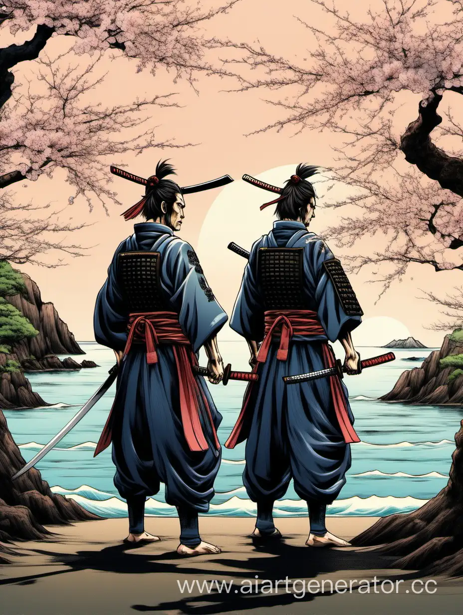 два самурая стоят напротив друга и готовятся к битве, сакура, берег моря
