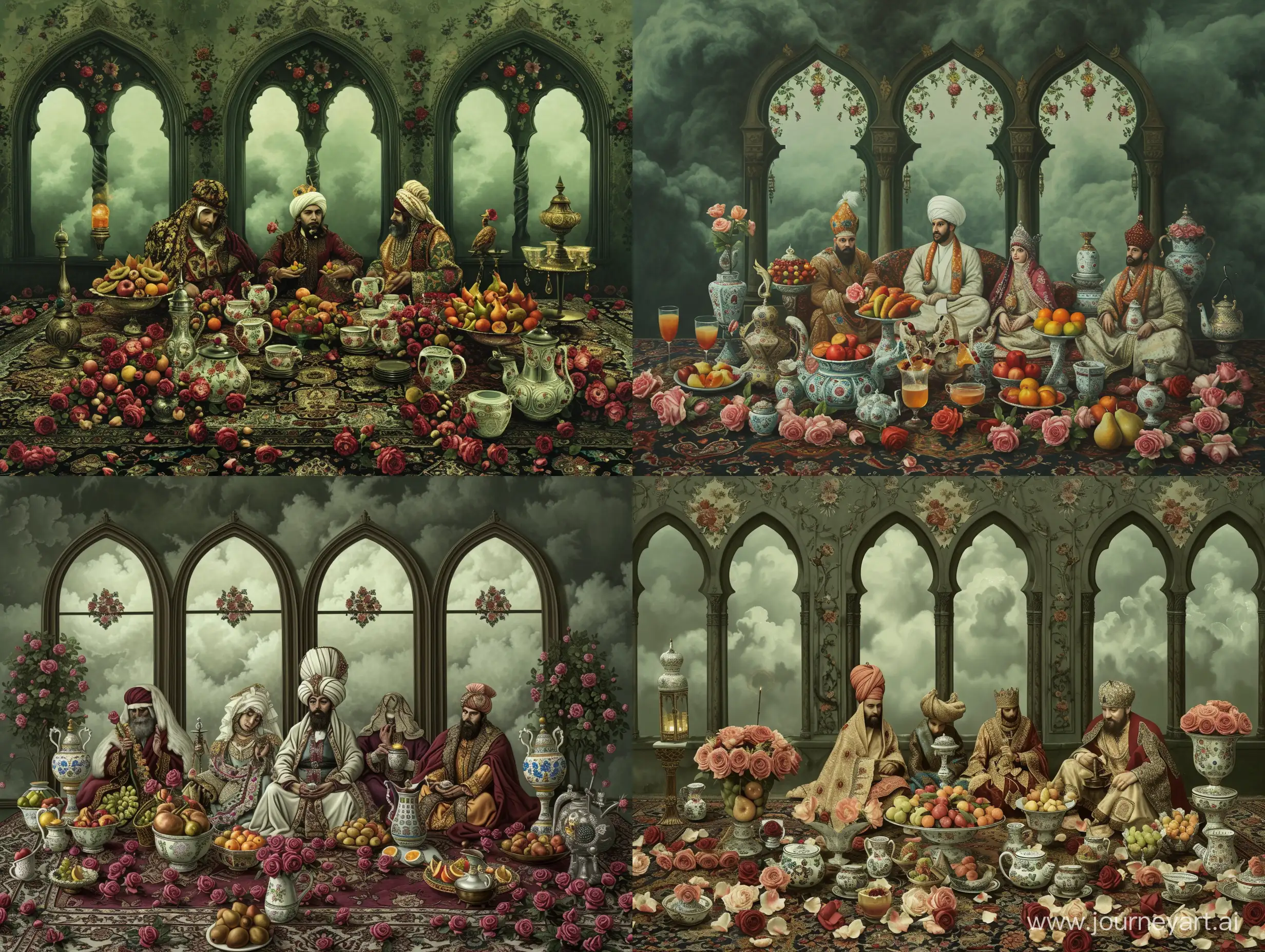 Medieval European portrait painting, depicting a hall with arched windows at back having floral persian motifs at spandrels, Princes sitting on a persian carpet wearing arabian attire and ottoman turban, iznik porcelain utensils full of different fruits and drinks and islamic lamp and many rose flowers on the persian carpet, dark grey greenish cloudy background --ar 4:3 --v 6
