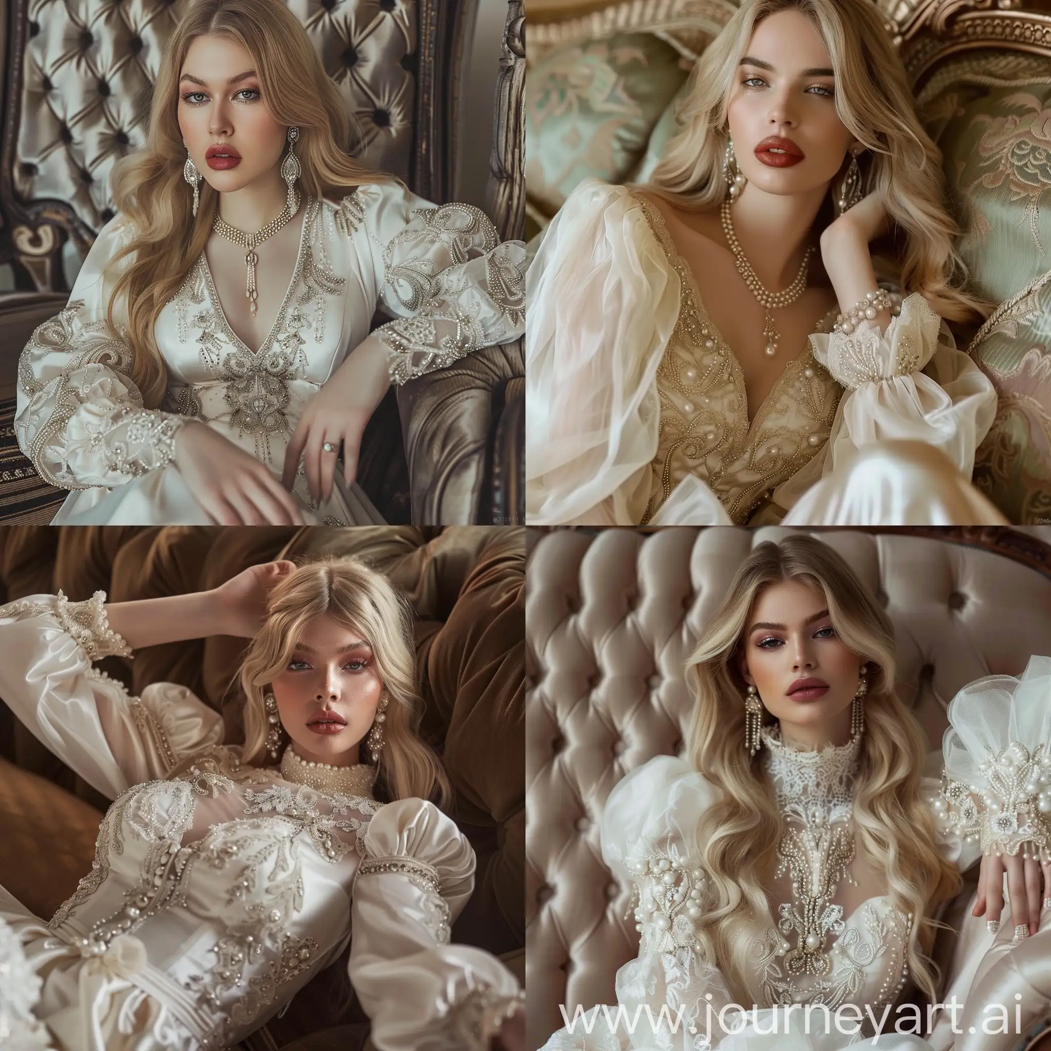 Full-/length model with long blond hair, bright makeup, long earrings, beads on her neck. The model's face is beautiful, soft features. An elegant midi length wedding dress with puffed sleeves and Alexander McQueen style embroidery. The parts are detailed, high quality.,lying on the sofa