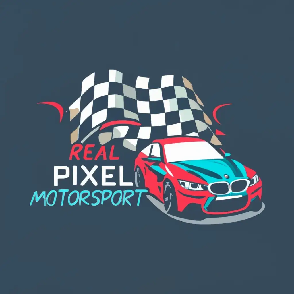 logo, Simulation, Sim Racing; Racecar, with the text "Real Pixel Motorsport"; Car design BMW M4; text "Real Pixel Motorsport", typography, be used in Automotive industry