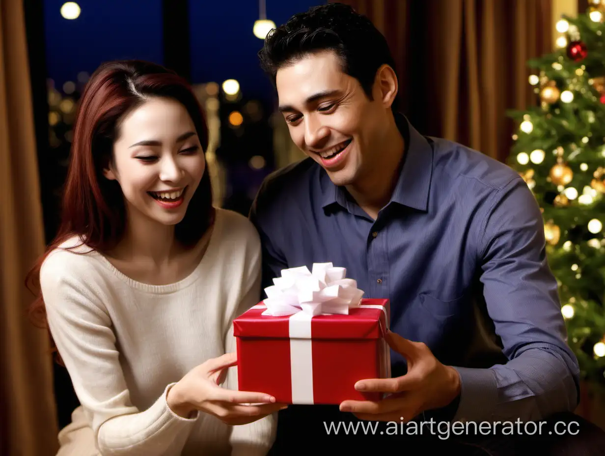 On the night of Christmas Eve, the background is a restaurant. The picture must show an American man and a woman. The man gives the woman a gift. The woman is opening the gift box. The woman shows the front and the man shows the side. The woman looks very happy. . Please use real scenes, and the pictures shown need to be taken by a Canon D60 camera.