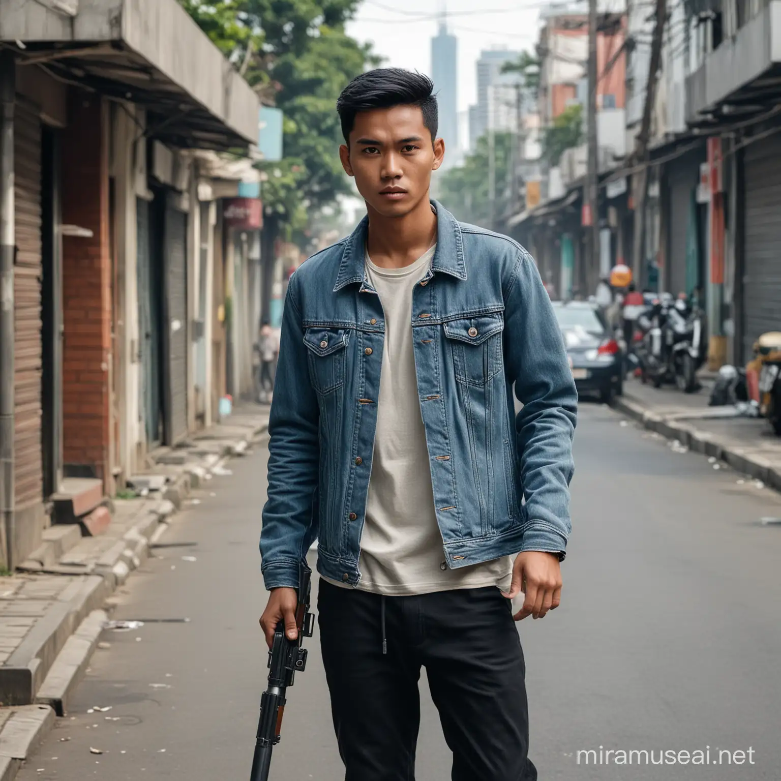 Stylish Indonesian Man with AK Rifle in Urban Setting