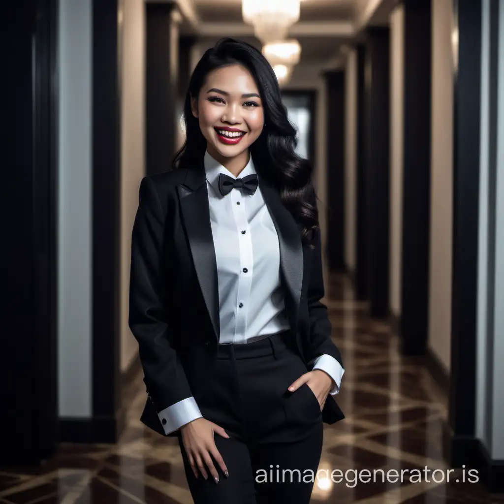 Elegant-Vietnamese-Woman-in-Black-Tuxedo-Walking-with-Joy-in-Mansions-Dim-Light