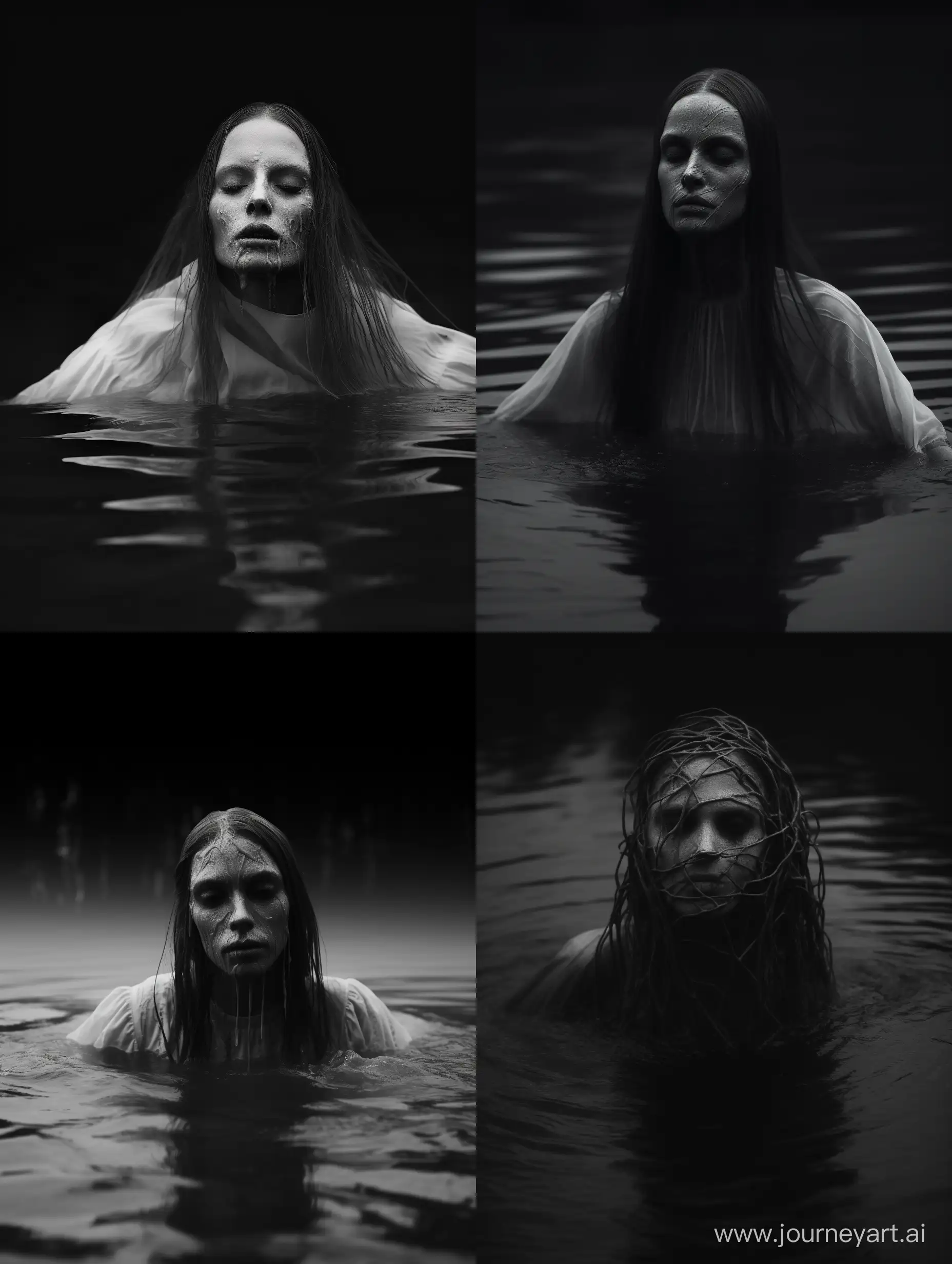 Grayscale image to evoke folk horror, woman with hollow eyes barely just above the surface in murky water, thin white gown, pagan horror, nightmare fuel, taken on provia