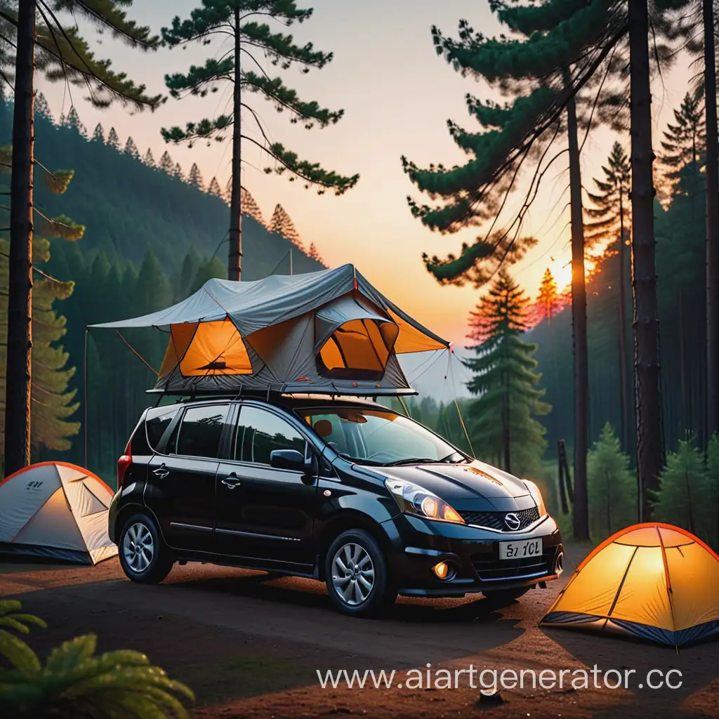 Black-Nissan-Note-E11-with-Roof-Tent-in-Twilight-Forest-Scene-with-Flying-Cranes
