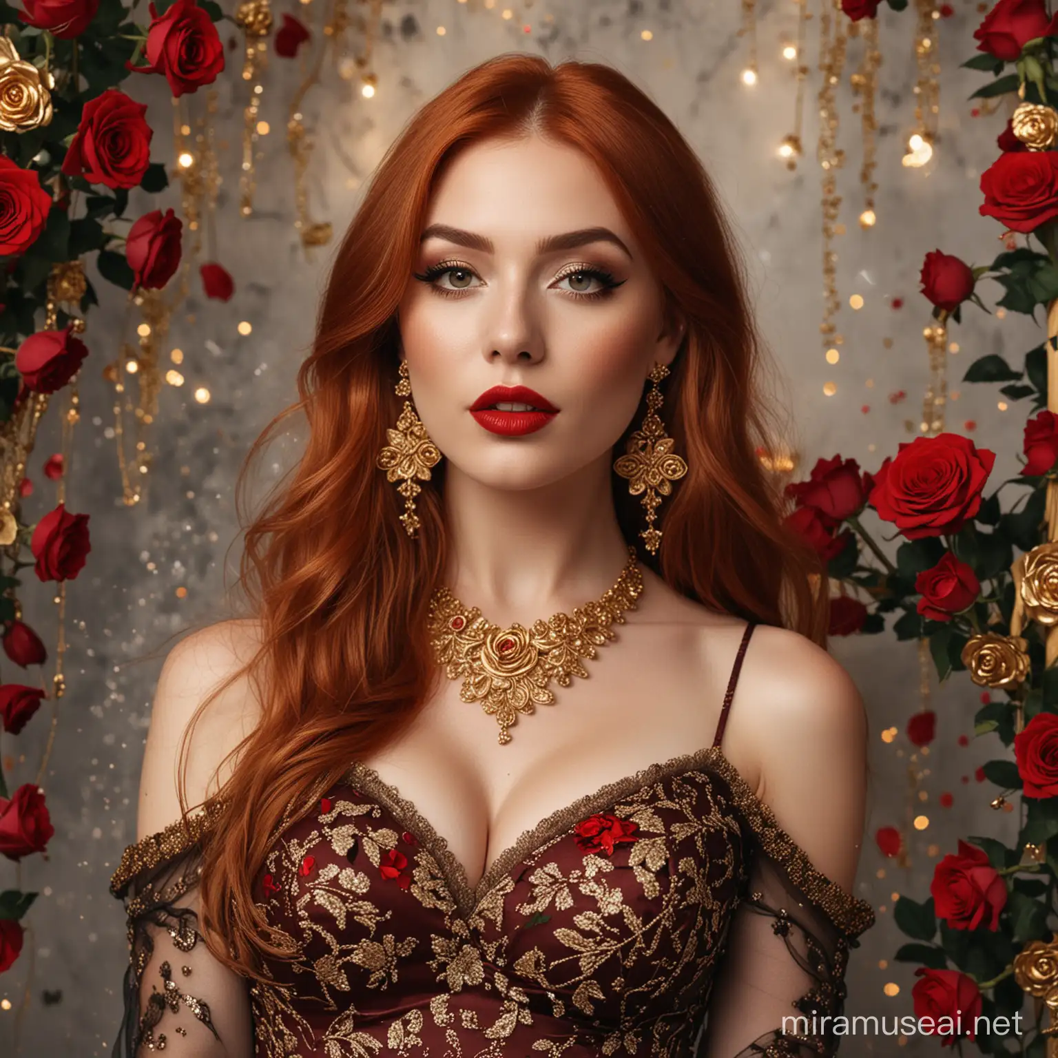 Elegant Redhead in Chocolate Dress Surrounded by Glittering Roses