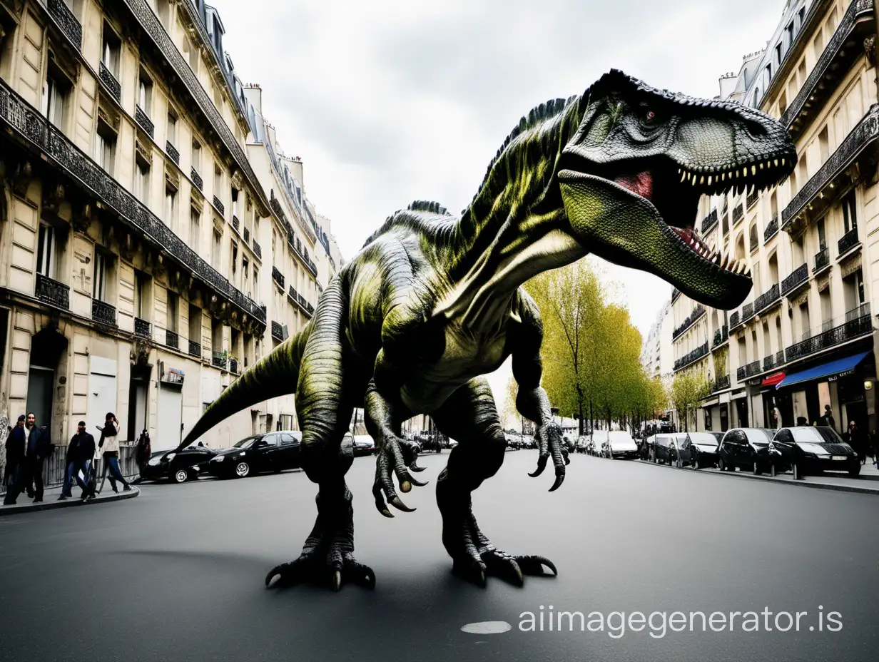 a tyrannosaurus in the streets of Paris