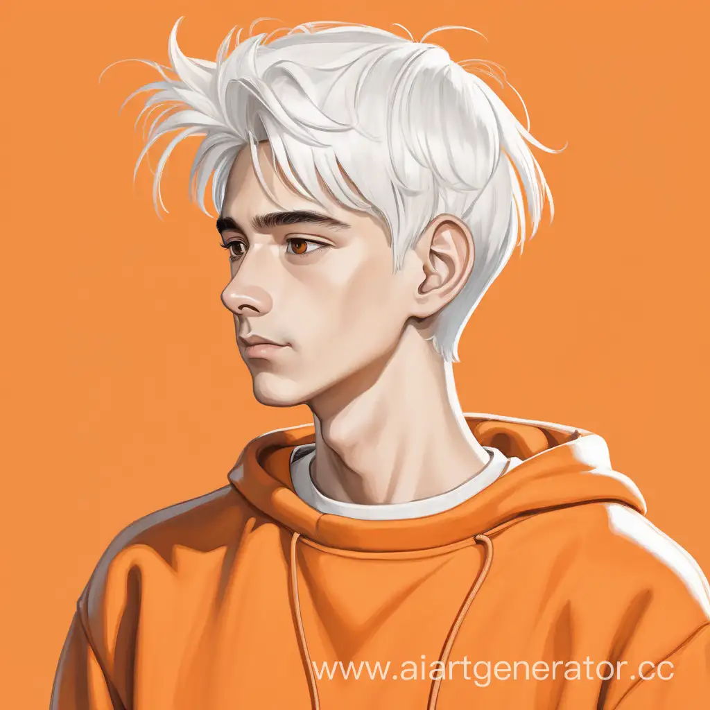 Молодой парень с белыми волосами в оранжевой толстовке. Он худой, с модной прической на оранжевом фоне