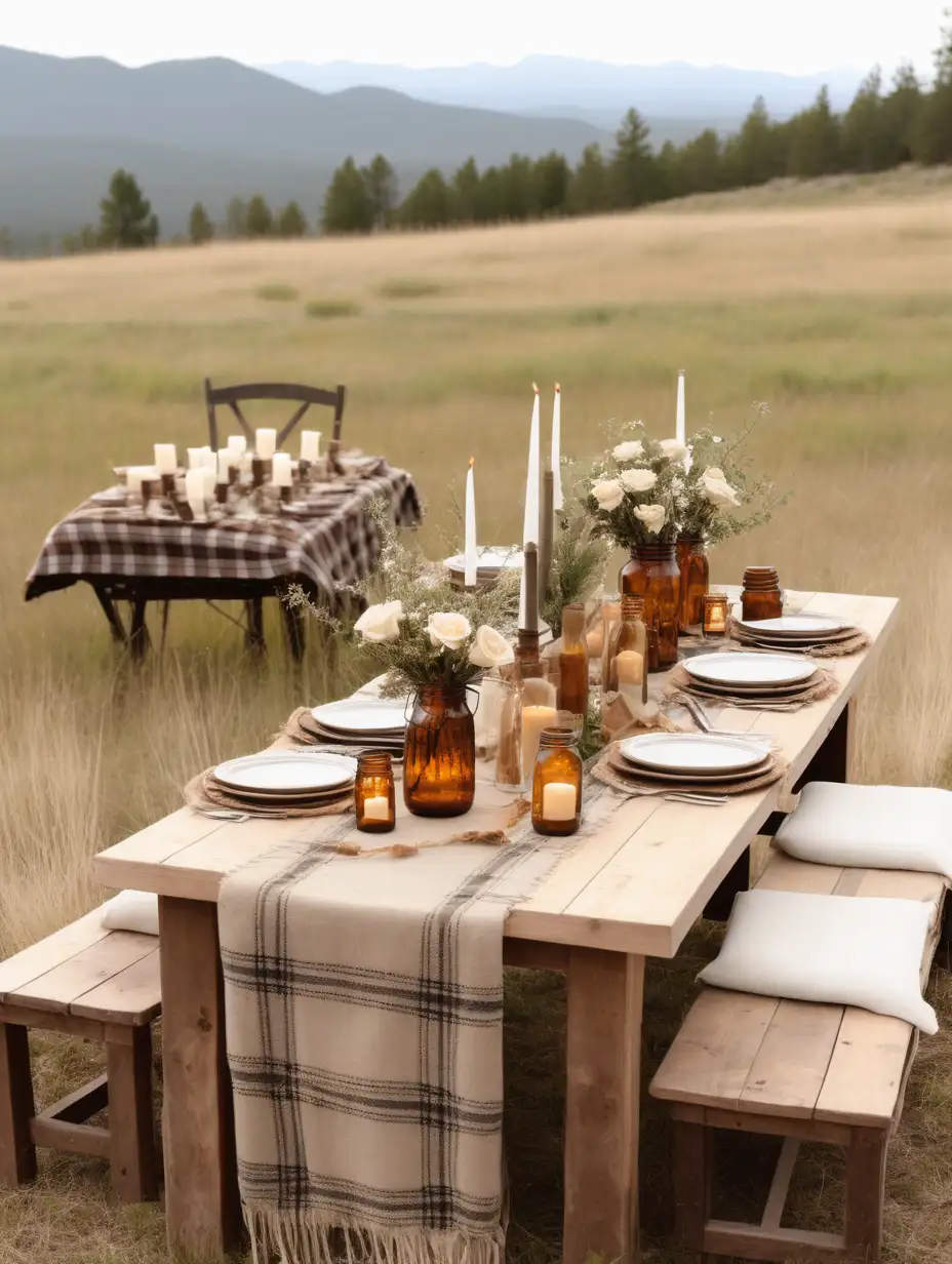 Rustic Outdoor Lunch Setting with Mountain Views and Floral Elegance