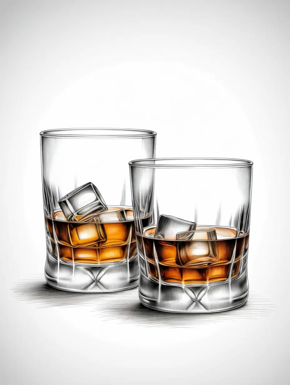 Detailed pencil sketch of  2 isolated  whisky glasses on white background contained within frame and Do not crop