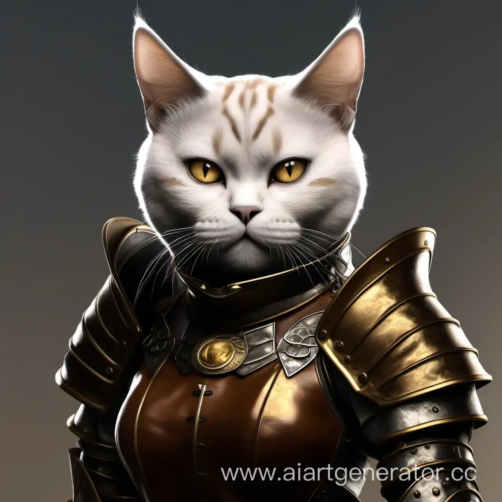 female tabaxi as a creamy British shorthair breed with amber eyes in leather armor